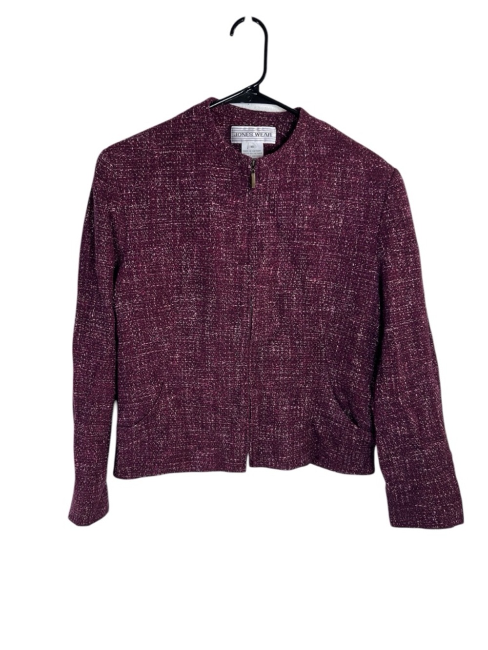 Vintage Jones Wear Women's Plum Burgundy Tweed Zip-Front Jacket Size 16